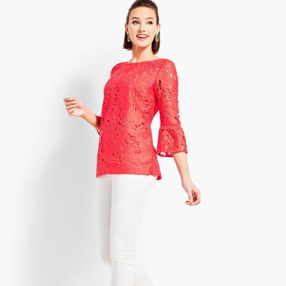 Talbots leaf lace overlay flounce sleeve top